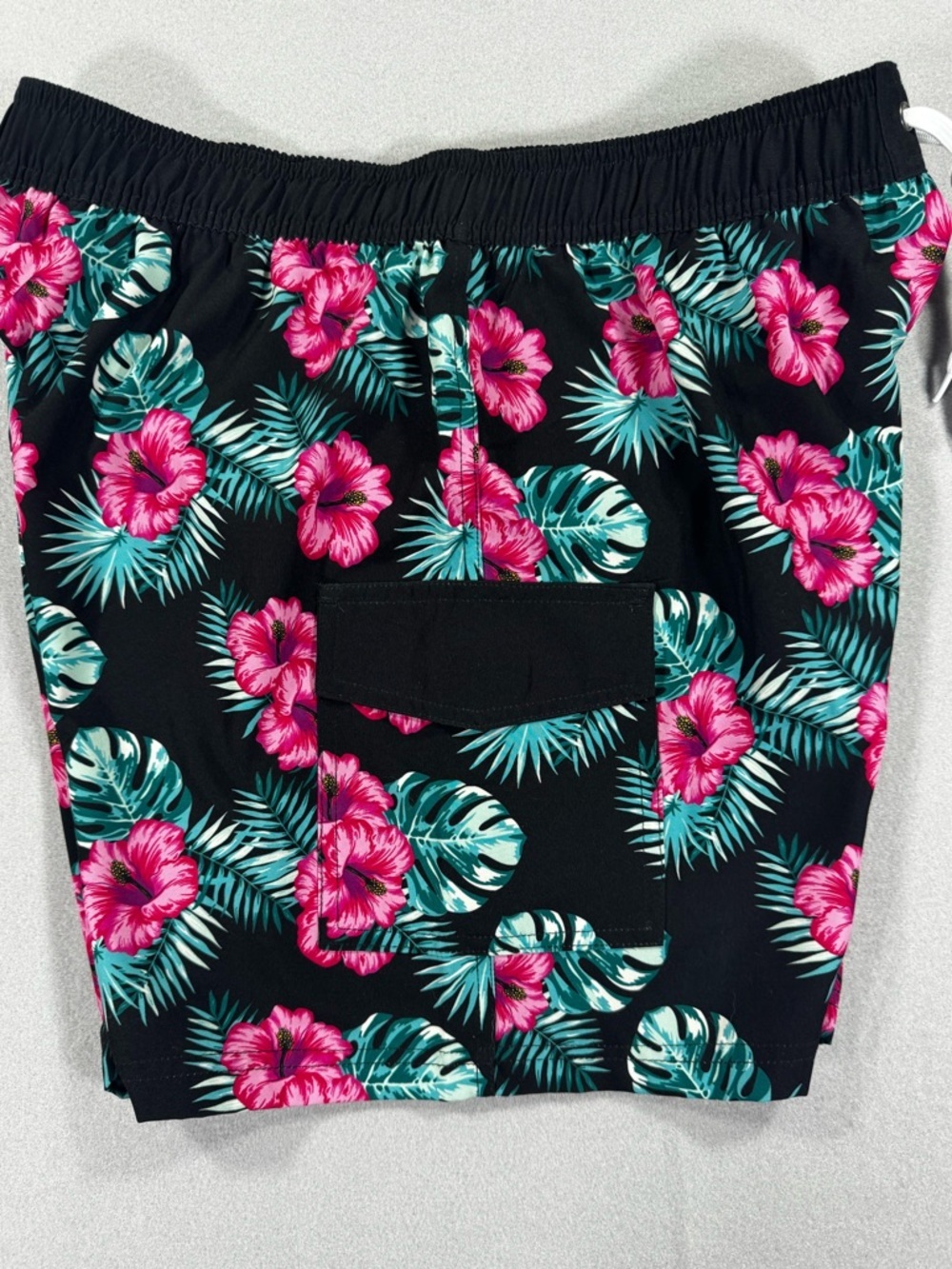 Black Tropical Floral Swim Shorts with Pink Hibiscus - Picture 3 of 9